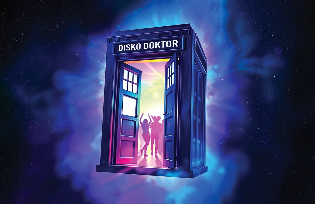 Disko Doktor logo: a police box floating in deep space, doors open onto a glowing dancefloor